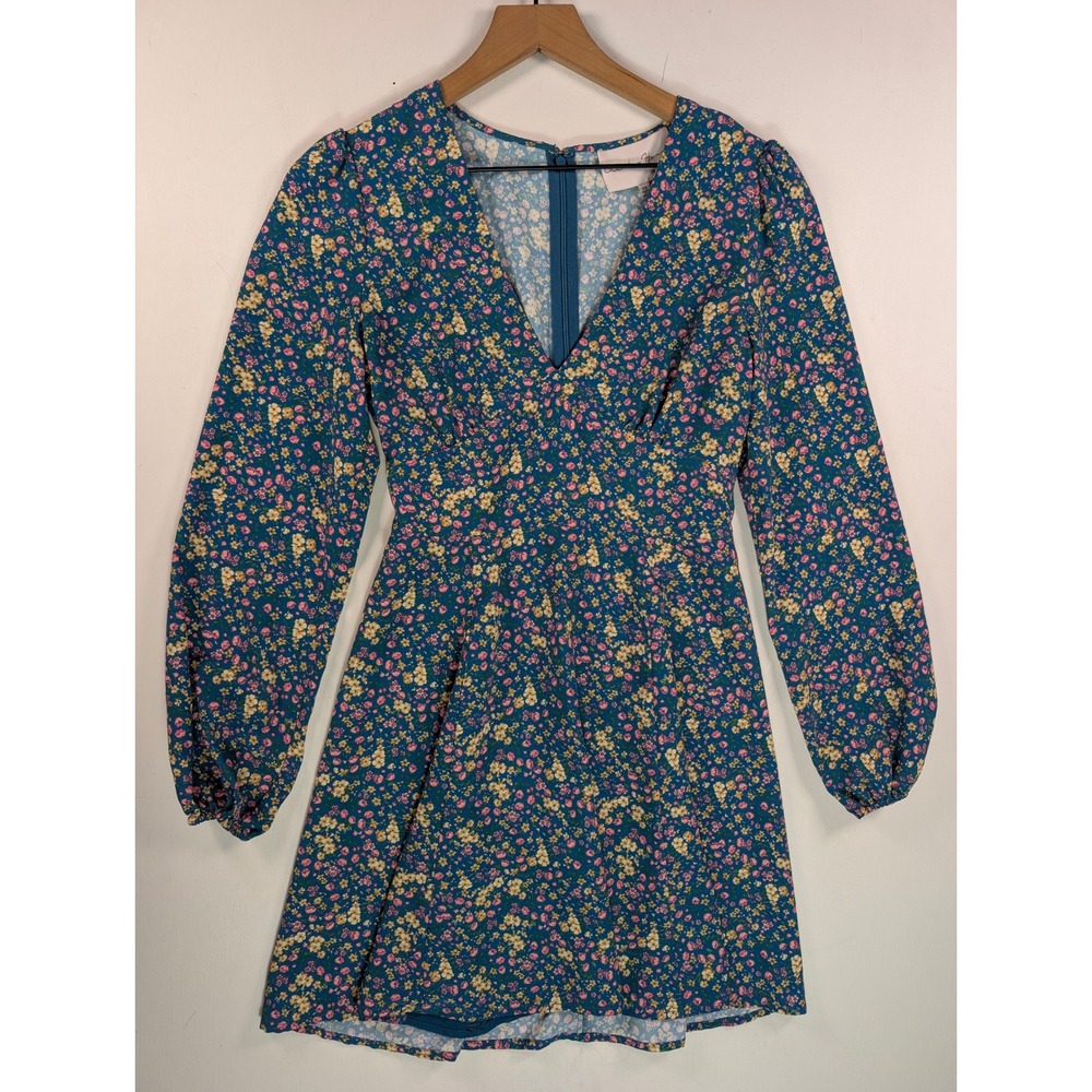 Charles Henry Teal Blue Ditsy Floral V-Neck Long Sleeve Mini Dress Size XS